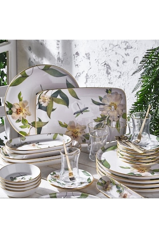 Fecra Floranda 35 Parça Gold Fileli Kahvaltı Seti Beyaz