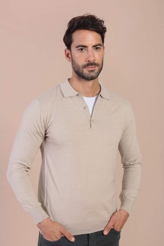 Erkek Ferraro Polo Yaka Superfine Yün Kazak - Taş Taş