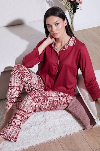 Lela Desenli Regular Fit Apaş Yaka Beli Lastikli Bol Paça Bayan Pijama Takımı 65714300 Bordo