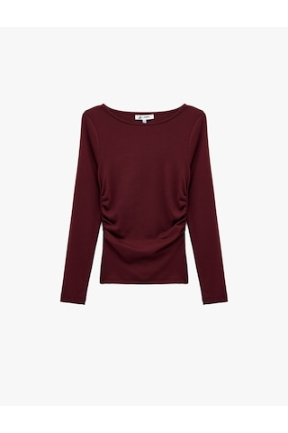 Koton Pamuklu Slim Fit Büzgülü Kayık Yaka Uzun Kollu Tişört Bordo 7wal10134ık