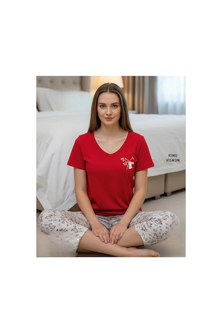Mi Hra Mihra Kadın Viskon V Yaka Kısa Kol Kapri Likralı Pijama Takımı 40111k - 1 Adet Kırmızı