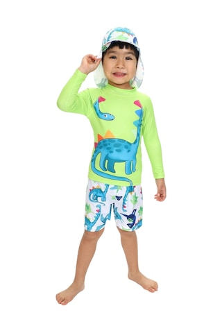 Lolliboomkids Erkek Çocuk Güneş Korumalı Siper Şapkalı Dinozor Karakter Desenli Deniz Şortlu Mayo Takım Yeşil Dinozor Yeşil