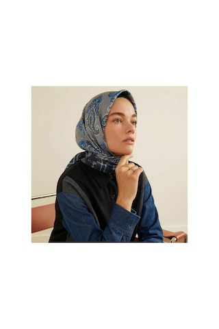 İpek Evi İpekevi Twill İpek Eşarp - Patchwork Desenli - Gümüş