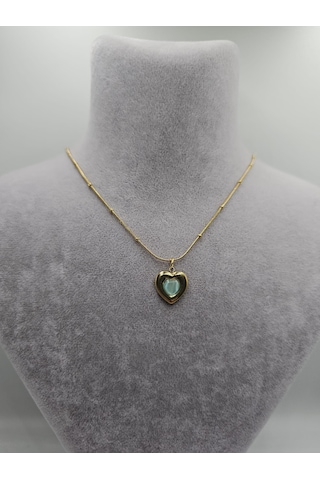 Minimal Yeşil Kalp Detay Çelik Kolye Altın