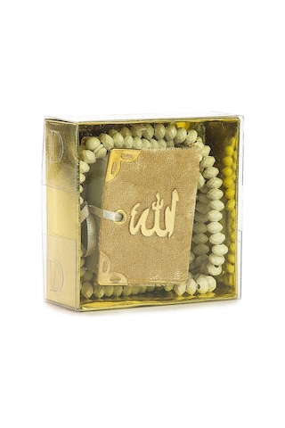 Kadife Kaplı Mini Kuran Kutulu - Tesbihli - Gold