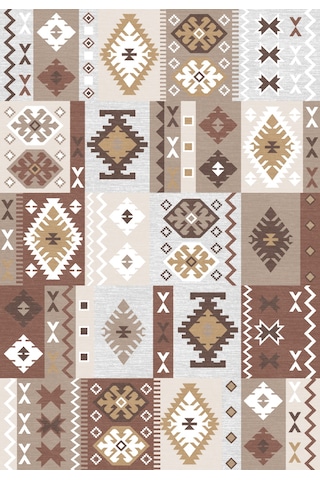 Dijital Baskılı Dekoratif Kilim Desen Kaymaz Taban Yıkanabilir Salon Halısı Yolluk Kahverengi