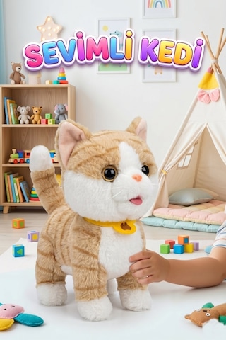 Sevimli Kedi Uzaktan Kumandalı Sesli Miyavlıyan Dil Çıkaran 5 Fonksiyonlu Oyuncak Peluş Hayvan Turuncu Çok Renkli
