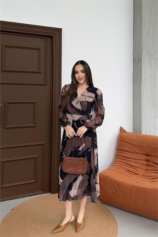 Neşeli Butik Kadın Kahverengi Beli Kemerli Piliseli Şifon Astarlı Midi Boy Elbise Nbelb04 Kahverengi