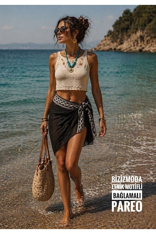 Bizizmoda Pareo Tasarım Siyah Şifon Etnik Dokuma Desen Pareo Belden Bağlamalı Tüm Bedenlere Uygundur Siyah