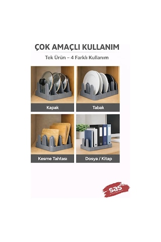 Çok Amaçlı Tabak Tava Tencere Kapağı Düzenleyici Plastik Çekmece & Dolap İçi Organizer Gri Çok Renkli
