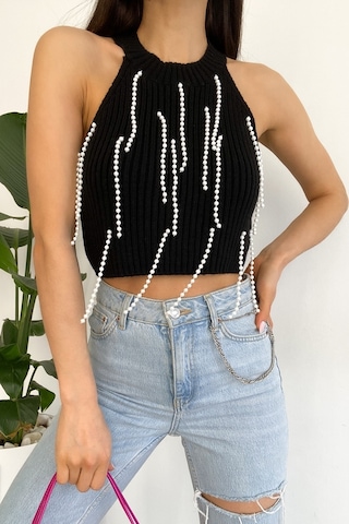 Femelle Kadın Siyah Halter Yaka Boncuklu Triko Crop Bluz