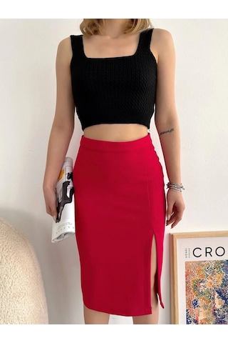 Yırtmaçlı Esnek Kumaş Midi Boy Etek Koyu Kırmızı Kırmızı