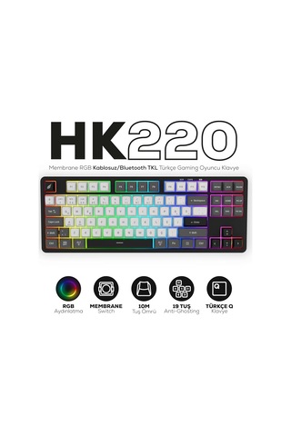 Hk220 Membrane Rgb Kablosuz/bluetooth Siyah Beyaz Tkl Türkçe Gaming Klavye