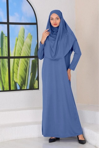 Tek Parça Namaz Elbisesi Indigo Mavi-20993 Gül Kurusu