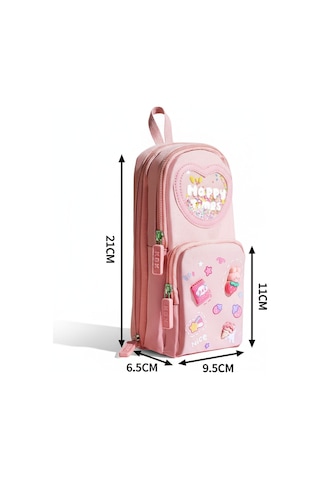 Küçük Kız Çocuk Kalem Ve Okul Çantası - 3 Bölmeli 6 Hücreli Kalemlik Toz Pembe