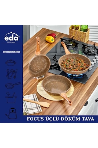 Eda Focus Kahverengi Granit Döküm 3'lü Tava Seti 20-24-28 Cm Zk-922