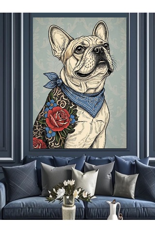 Ahşap Tablo Bandanalı Fransız Bulldog Portresi