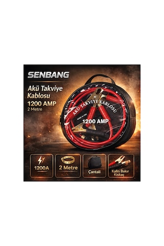 Senbang 1200a Akü Takviye Kablosu 2 Metre Çantalı, Kalın Bakır Kıskaçlı, Araç Marş Kablosu Jumper Cable