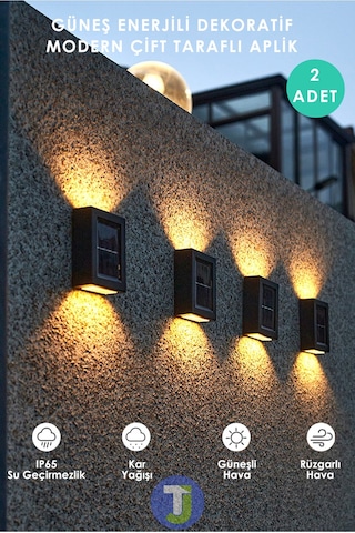 Technojet Çift Taraflı Modern Solar Güneş Enerji Bahçe Aydınlatma Aplik Sarı Işık Led Lamba 2 Adet