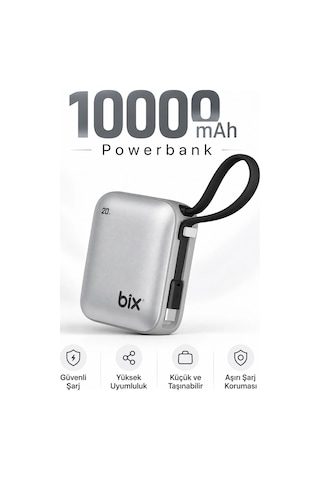 Exenar - Açık Gri - Mini Powerbank 10000 Mah Cep Boy Taşınabiler Hızlı Şarj Pd 20w Dijital Göstergeli Type-c Kablolu 21230543
