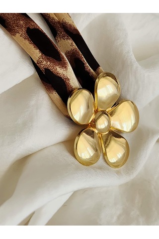 Leopar Desen Bombeli Çiçek Model Kumaş Detaylı Kolye 46cm Kahverengi - Siyah