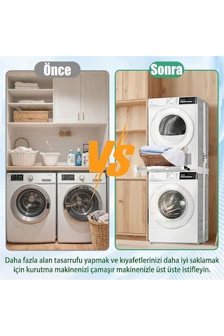 Sunup Sn-30986 Çamaşır Makinesi Ve Kurutma Makinesi İstifleme Seti - Kurutma Makinesi Önü Çamaşır Katlama Çekmecesi Aparatı Askılıklı Gri
