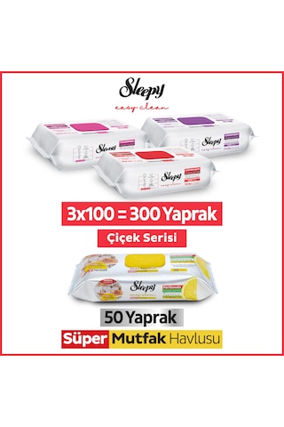 Sleepy Easy Clean Çiçek Serisi&Limon Yağlı Süper Mutfak Yüzey Temizlik Havlusu&Mendili(3x100+50)