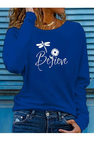 Ahes Shopping Kadın Uzun Kollu Bisiklet Yaka Çiçek Desenli Viskon Bluz Mavi