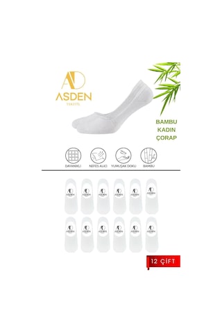 Asden Bambu Kadın Babet Çorap 4 Beyaz 4 Siyah 4 Lacivert 12'li Paket, Dikişsiz, Kaydırmaz Silikon Topuk 12 Çift Beyaz