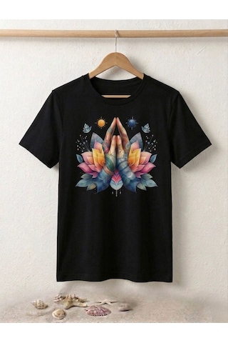 Lotus Ve Dua Eden El Baskılı Kompak T-shirt Siyah