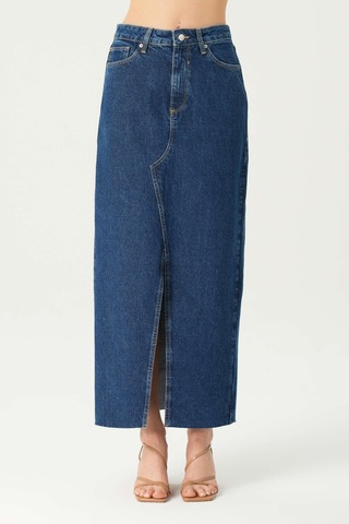 Koyu Mavi Yüksek Bel Patı Fermuarlı Yırtmaçlı Etek Ucu Kesik Maxi Jean Etek C 4532-051 Koyu Mavi