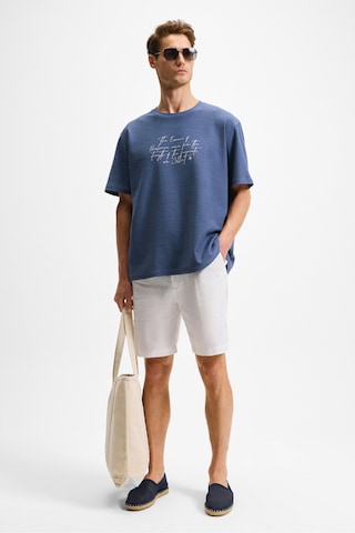 Grimelange BONDIA Erkek Baskı Detaylı %100 Organik Pamuk Oversize Fit Bisiklet Yakalı Kısa Kollu İndigo T-Shirt
