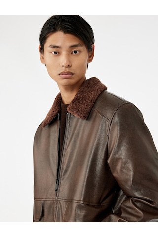 Koton Uzun Kollu Cep Detaylı Slim Fit Fermuarlı Peluş Yaka Kışlık Suni Deri Ceket Kahverengi 6wam20127hw Kahverengi