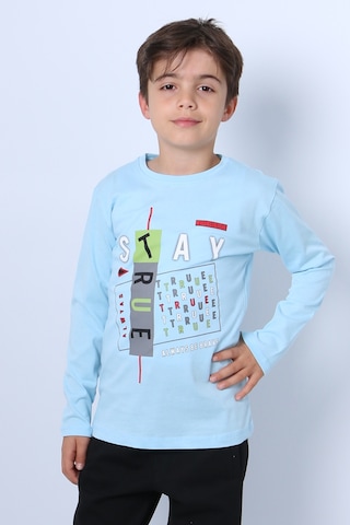 Hçm Erkek Çocuk Uzun Kollu Tshirt Stay True Baskılı Bisiklet Yaka E29 Turkuaz