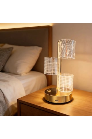 3 Parça Silindirik Kristal Ekose Kareli Led Masa Lambası Gold Gövdeli, Dokunmatik, 3 Kademe Işık Ayarlı Şarjlı Dekoratif Lamba Çok Renkli