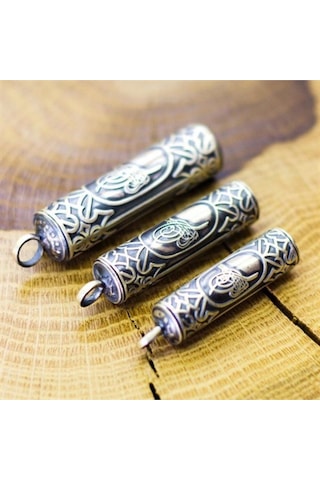 Erkek Gümüş Kolye - Tuğralı Silindir Yuvarlak Gümüş Muska Haznesi Deri Kolye Hediyeli Orta