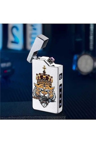 Trendooze Gaojunshop01 Taçlı Kaplan Desenli Rüzgar Geçirmez Usb Şarjlı Çift Arklı Çakmak Gümüşi El Eletrikli Cep Aletleri İçin Gümüş