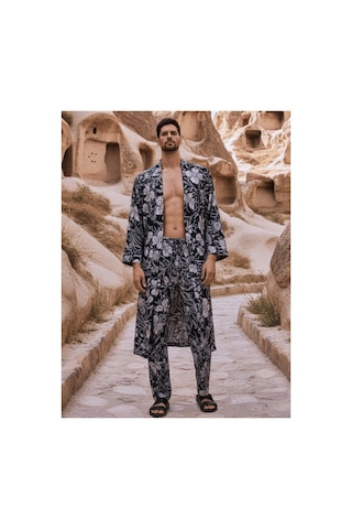 Qmen Style Erkek Kimono Takımı 3 Lü Bambu Set Bornoz + Pantolon + Şort Lacivert