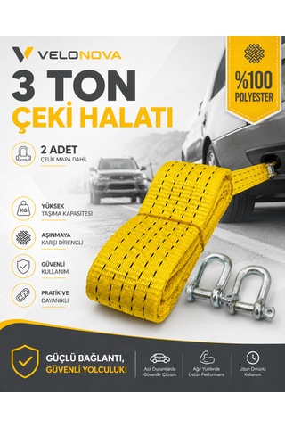 3 Ton Sarı Çekme Halatı 3 Metre 5 Cm Genişlik 2 Adet Çelik Mapa Dahil %100 Polyester Araç Kurtarma Halatı