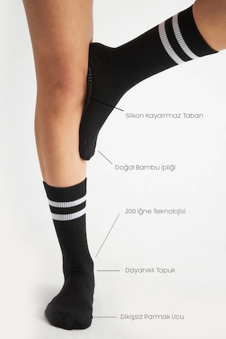 Bambu Kadın Siyah Kaydırmaz Taban Silikon Baskı Yoga Fitness Pilates Bale Dans Tenis Çorabı Çok Renkli