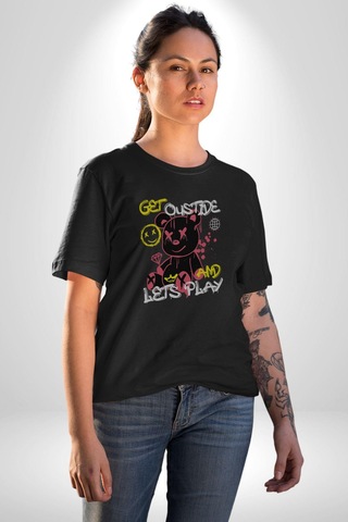 Dışarı Çık Ve Oynayalım Teddy Unisex Unisex Siyah Organik Baskılı T-shirt Penye Yüksek Kalite Siyah