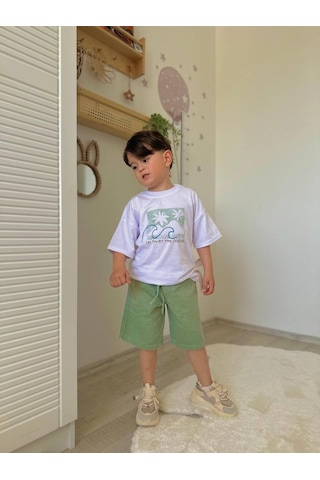 Miniko Kids Erkek Çocuk Keten Şortlu Cep Modelli Desenli Pamuk Şortlu Takım Beyaz