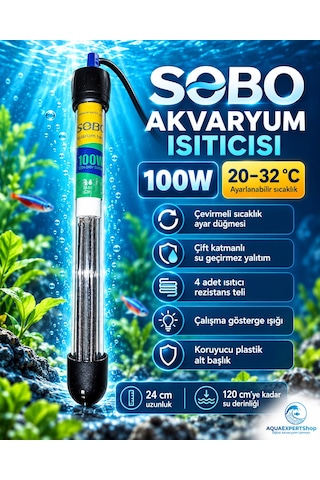 Akvaryum Isıtıcısı - 100w - 20-32c Arası Ayarlanabilir Isıtma - 4 Farklı Rezistans Teli - Çift Katmanlı Su Geçirmez Yalıtım - Koruyucu Plastik Alt Başlık - 24 Cm