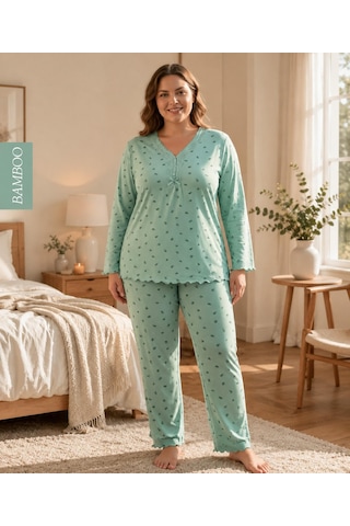 Derya Kadın Büyük Beden Dantel Yaka Bambu Uzun Kol İnce Pijama Takımı 8141y - 1 Adet Yeşil