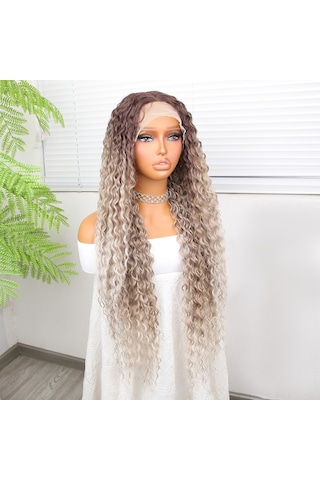 Afro Dalga Rus Kumralı Beyaz Platin Ombreli Işıltılı Fiber Sentetik Tül Peruk - Elm-01-582347 Karışık - Çok Renkli