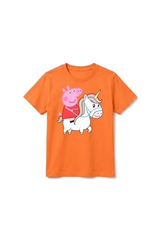 Urbantrendstore Peppa Pig Temalı Unisex Kız Çocuk Erkek Çocuk Bisiklet Yuvarlak Yaka Basic Kısa Kollu %100 Pamuk Tişört Turuncu