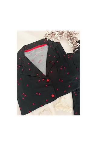 Mh Moony Homewears Kısa Kol Kırmızı Kalp Düğmeli Pijama Takımı Kırmızı