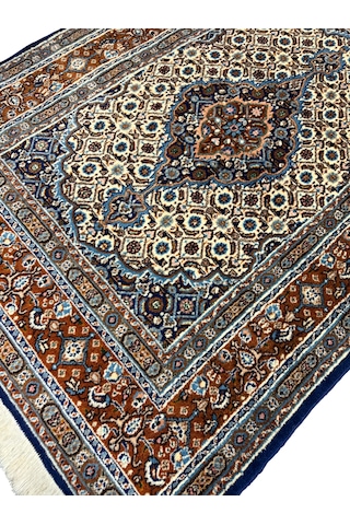 El Dokuma Sıfır İran Halısı 100x150 Lacivert Beyaz %100 Yün Halı Beyaz - Lacivert