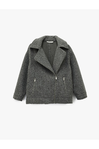 Koton Uzun Kollu Cepli Fermuar Detaylı Kısa Buklet Kaban Gri 6wak20198ew Gri