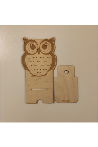 1 Fark - Ahşap Masaüstü Figürlü Telefon Standı -  Baykuş - Beyaz